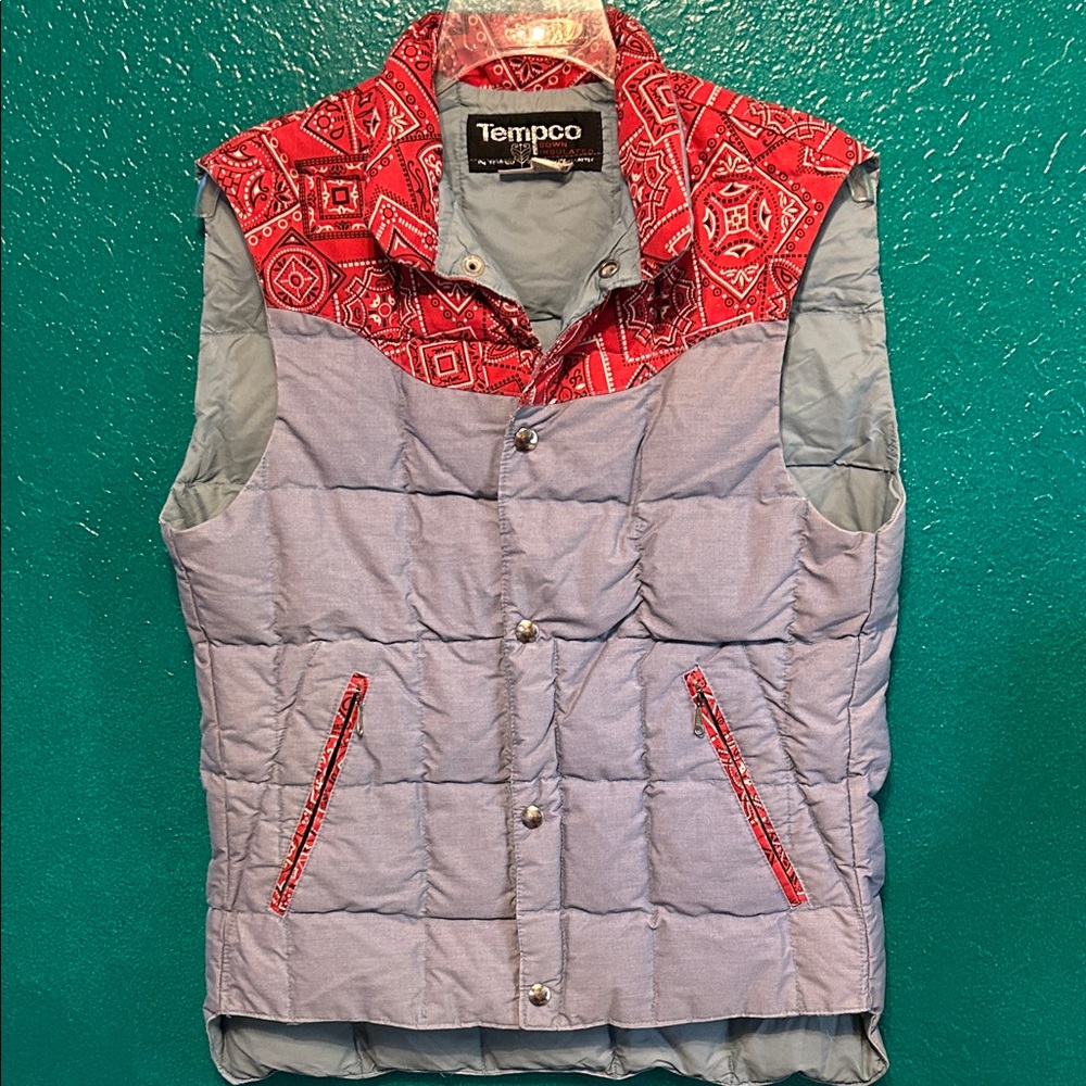 Women's Light Blue Quilted Vest with Red Bandana Trim